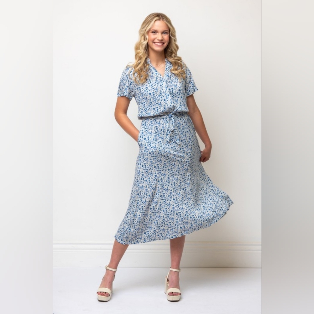 NWT - New Designer "Margaux USA" Blue/Yellow Tie Waist Midi Shirt Dress XL